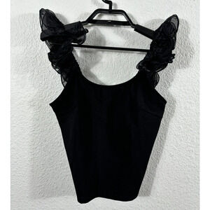 Flat White Tank Top Womens XS Black Ruffled Straps Rayon Blend